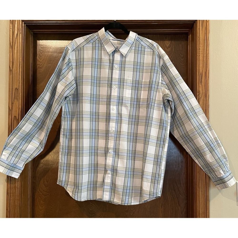 👔 Columbia Shirt Mens L White Navy Yellow Blue Button-Up Long Sleeve EUC!!!
